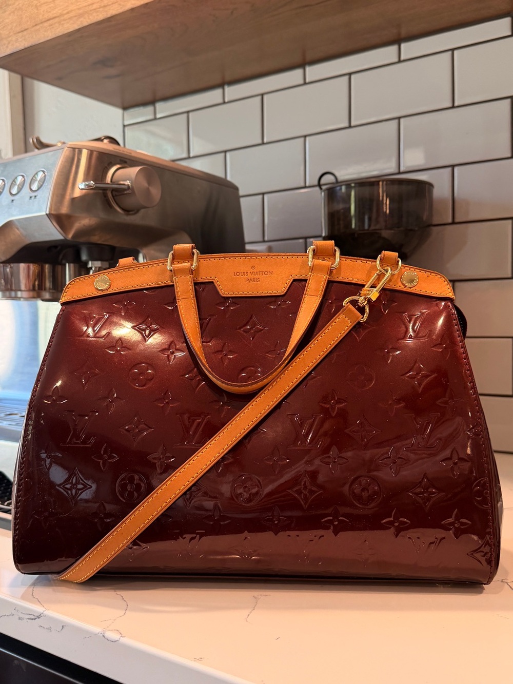 Authentic Louis Vuitton Brea Vernis Burgundy Patent Monogram Leather Satchel Bag